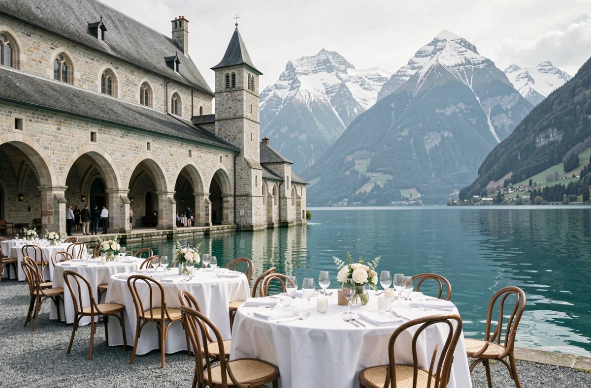 L'Abbaye de Talloires avec terrasse de réception au bord du lac d'Annecy et panorama sur les Alpes