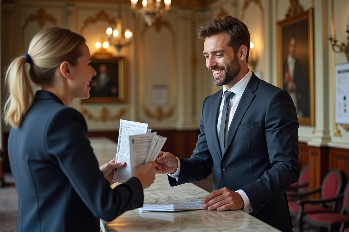 Agent municipal distribuant des dépliants à un couple à la mairie