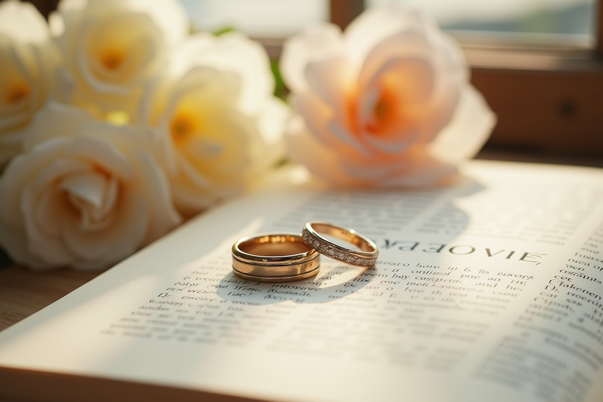 Alliances de mariage sur un livre avec le mot amour