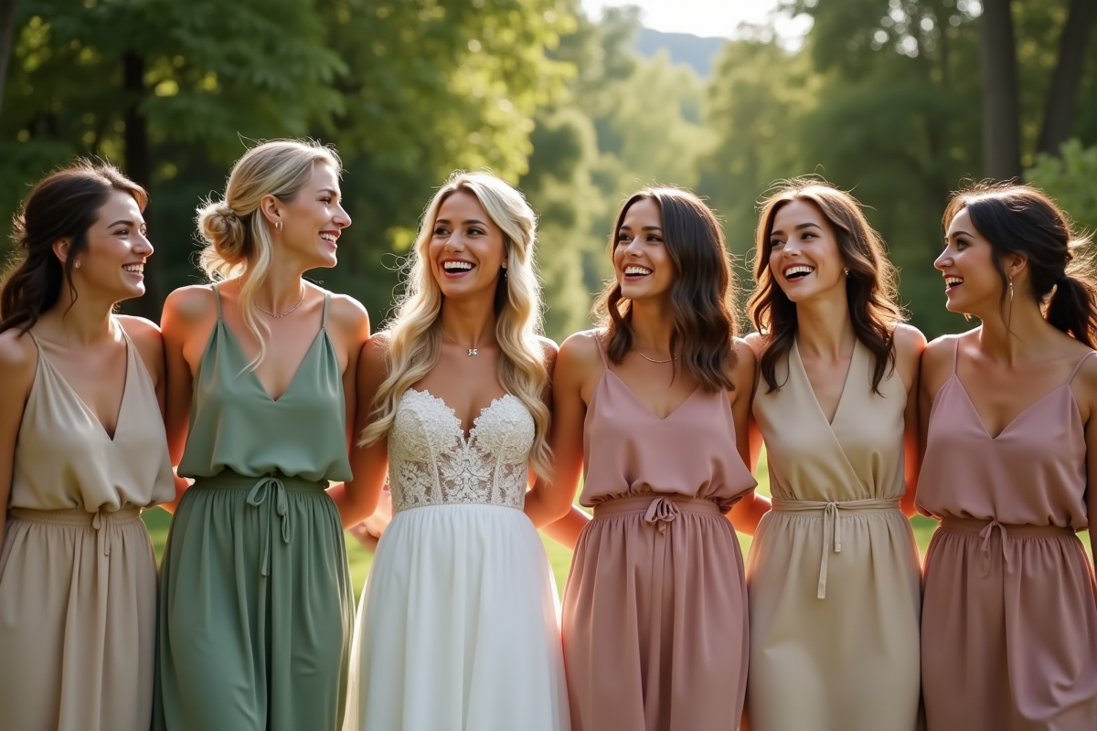 Groupe de témoins riant dans un jardin en couleurs tendance