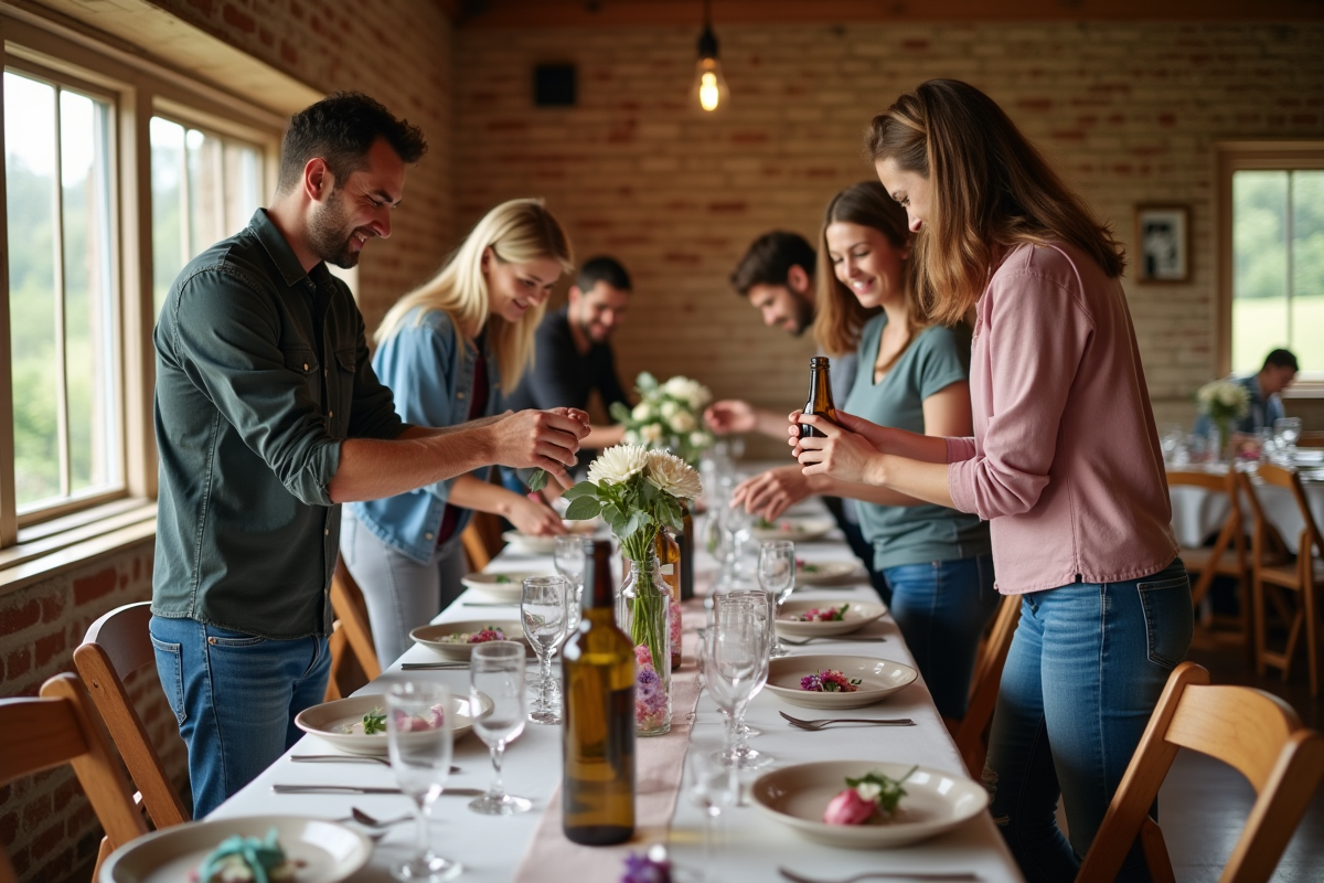 Amis créant centres de table mariage dans salle chaleureuse