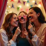 Trois amis rient dans une cabine photo décorée