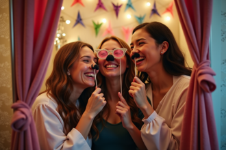Trois amis rient dans une cabine photo décorée