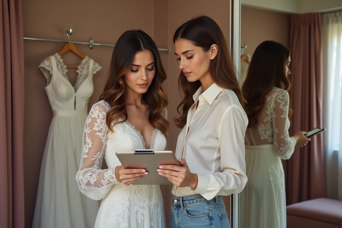 Deux femmes dans une cabine d'essayage examinant la facture détaillée d'une robe de mariée en dentelle blanche devant un miroir