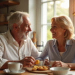 Couple mature célébrant leur 28e anniversaire au petit déjeuner