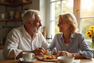 Couple mature célébrant leur 28e anniversaire au petit déjeuner
