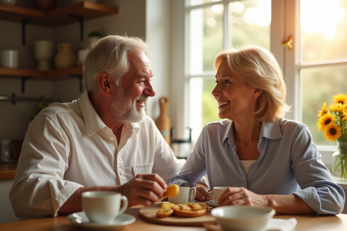 Couple mature célébrant leur 28e anniversaire au petit déjeuner