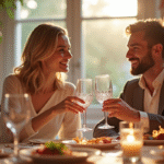 Couple souriant célébrant leur 8e anniversaire de mariage à une table élégante