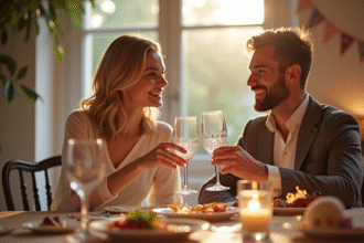 Couple souriant célébrant leur 8e anniversaire de mariage à une table élégante
