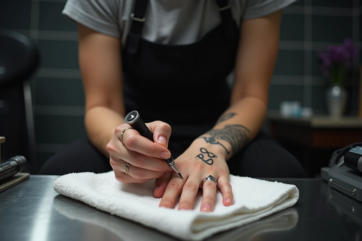 Tatoueuse professionnelle appliquant un tatouage infini éphémère sur l'annulaire d'une cliente dans un studio moderne