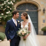 Mariée en robe ivoire et marié en costume bleu marine assortis dans une cour de château français