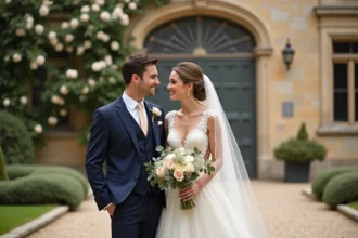 Mariée en robe ivoire et marié en costume bleu marine assortis dans une cour de château français