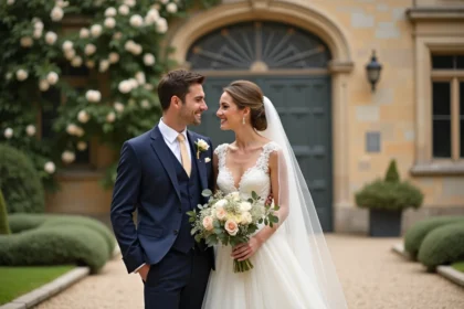 Mariée en robe ivoire et marié en costume bleu marine assortis dans une cour de château français