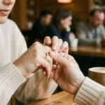 Femme portant une bague à l'annulaire droit dans un café, geste introspectif symbolisant la signification de la bague