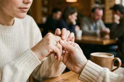 Femme portant une bague à l'annulaire droit dans un café, geste introspectif symbolisant la signification de la bague