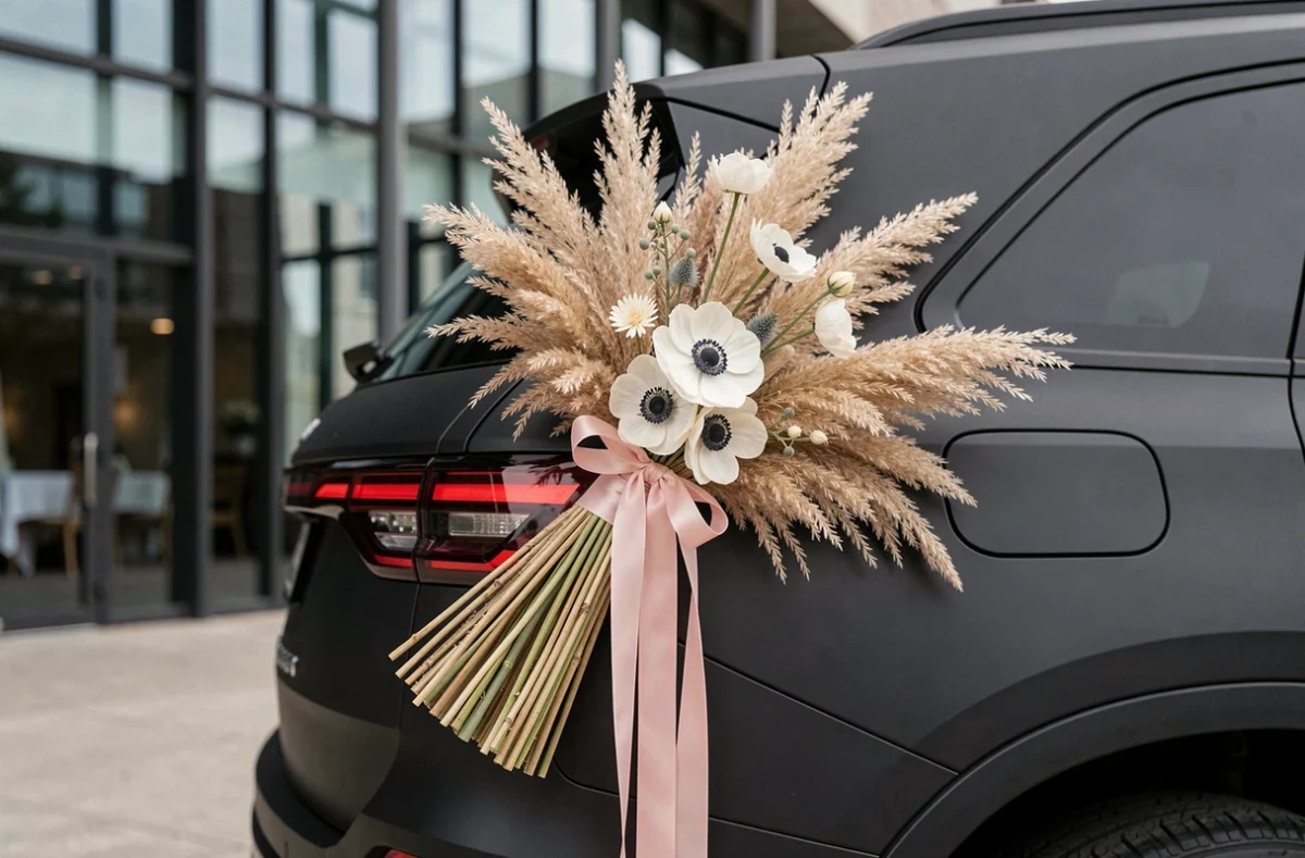 Balai de voiture de mariage moderne avec herbes de la pampa et anémones blanches sur SUV noir mat, décoration tendance 2026