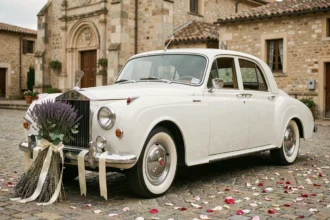 Voiture de mariage vintage décorée d'un balai en lavande et eucalyptus avec rubans de satin ivoire, garée sur une place pavée provençale
