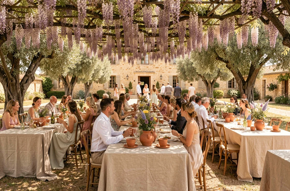 Réception de mariage en Provence sous une tonnelle de glycine et d'oliviers dans un mas de la Côte d'Azur