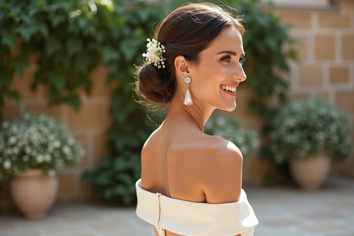 Mariée avec boucle d'oreille pendante dorée art déco et chignon bas fleuri dans un jardin méditerranéen