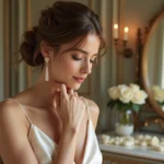 Femme portant une boucle d'oreille pendante en perles pour mariage avec un chignon romantique dans un château français