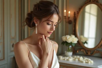 Femme portant une boucle d'oreille pendante en perles pour mariage avec un chignon romantique dans un château français