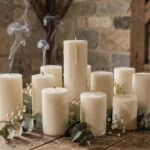 Arrangement de bougies ivoire de différentes hauteurs sur bois brut pour cérémonie laïque, avec eucalyptus séché et fleurs blanches
