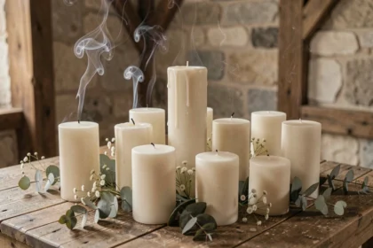 Arrangement de bougies ivoire de différentes hauteurs sur bois brut pour cérémonie laïque, avec eucalyptus séché et fleurs blanches