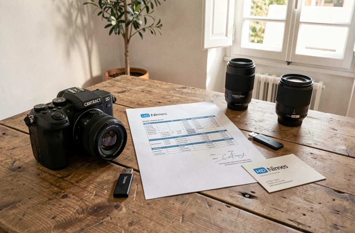 Contrat et liste de tarifs d'un photographe de Nîmes posés sur une table avec matériel photo professionnel