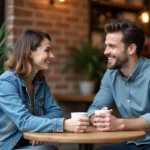 Deux jeunes adultes discutent dans un café urbain chaleureux