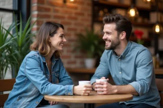 Deux jeunes adultes discutent dans un café urbain chaleureux