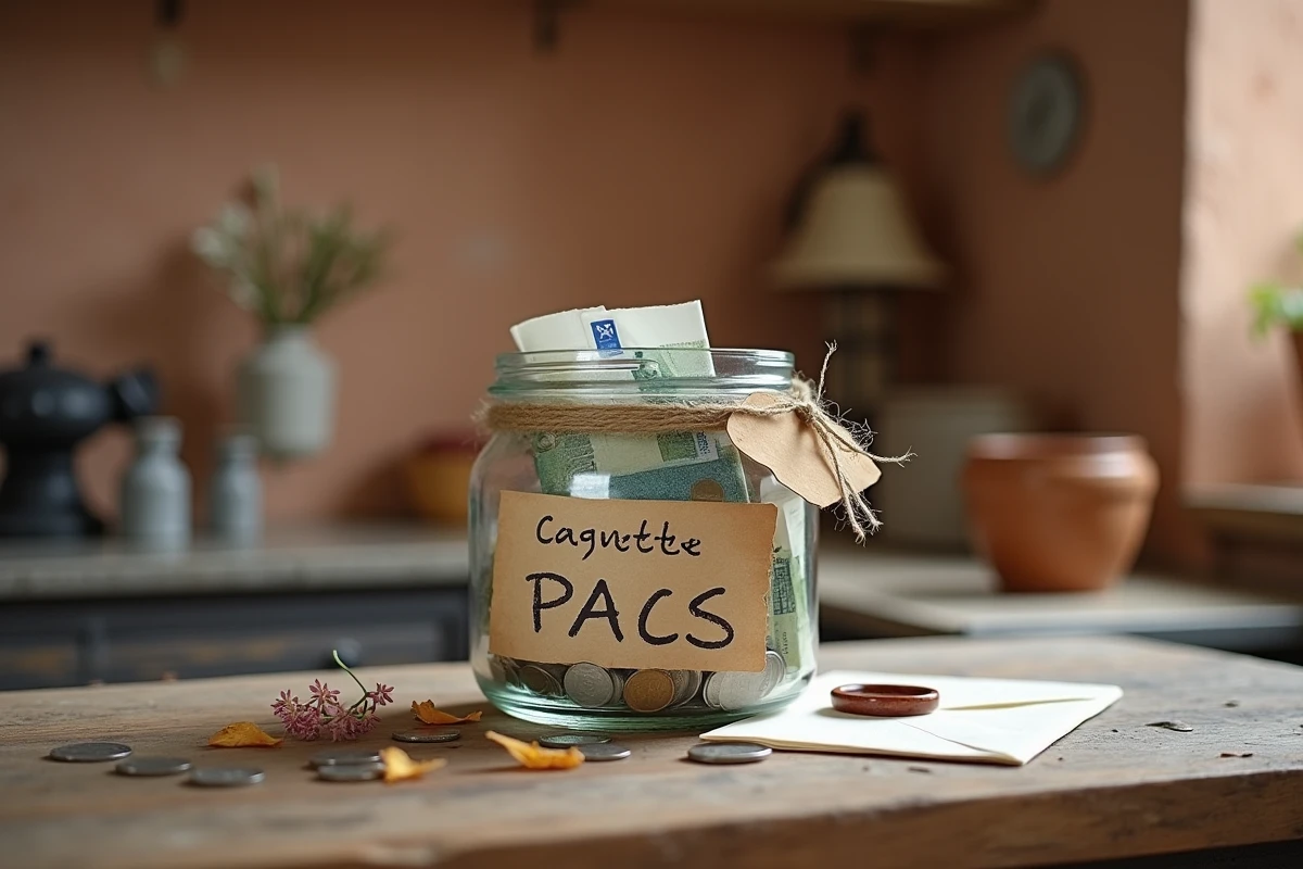 Bocal en verre rempli de billets pour une cagnotte de PACS avec enveloppe blanche et pétales de fleurs séchées sur une table en chêne rustique