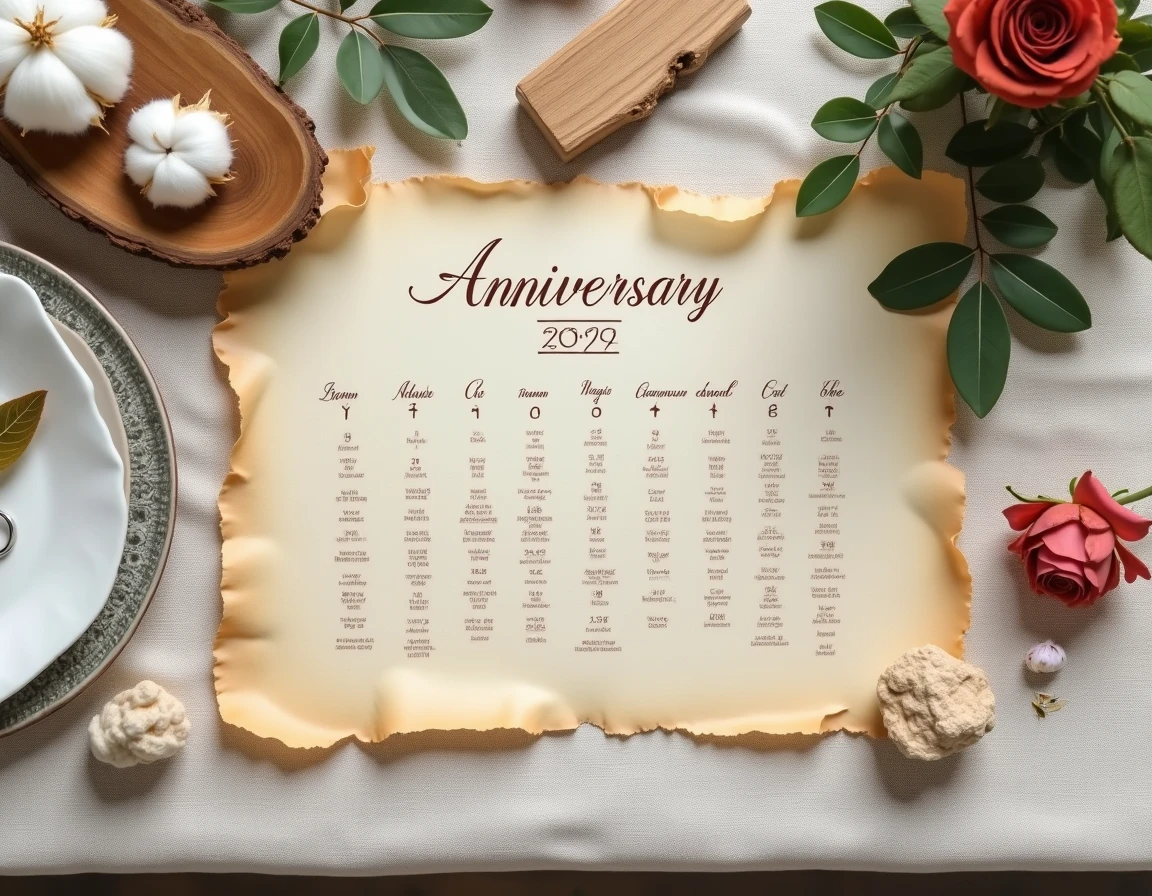 Calendrier des noces de mariage en vue de dessus entouré d'objets symboliques sur une nappe en lin vintage