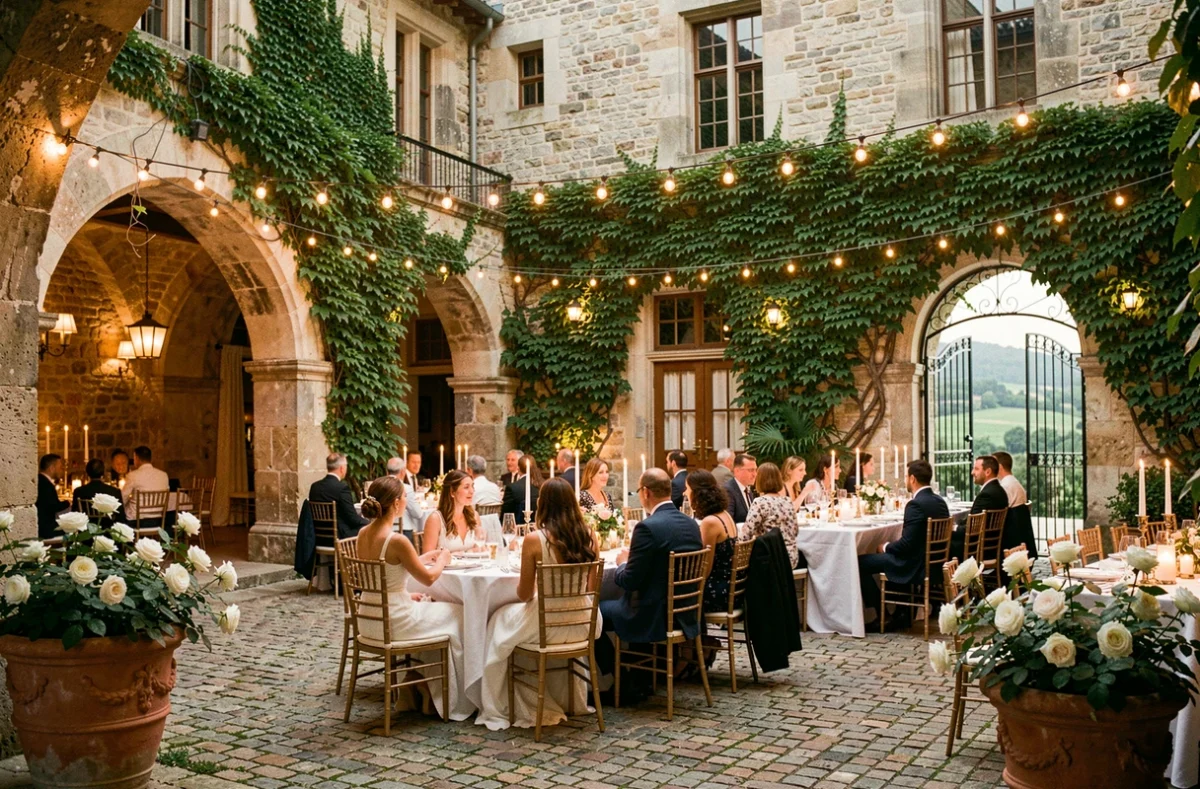 Cour intérieure du Château de Chavagneux près de Lyon avec dîner de mariage aux chandelles sous guirlandes lumineuses