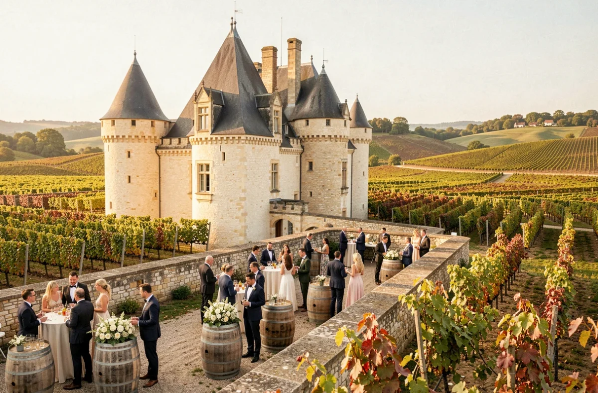 Château de Corcelles dans le Beaujolais avec cocktail de mariage sur terrasse en pierre et vignes à perte de vue