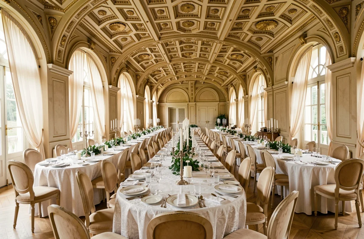 Salle de banquet du Château de Fortis avec plafonds à caissons dorés, tables dressées en lin blanc et chandeliers pour un mariage