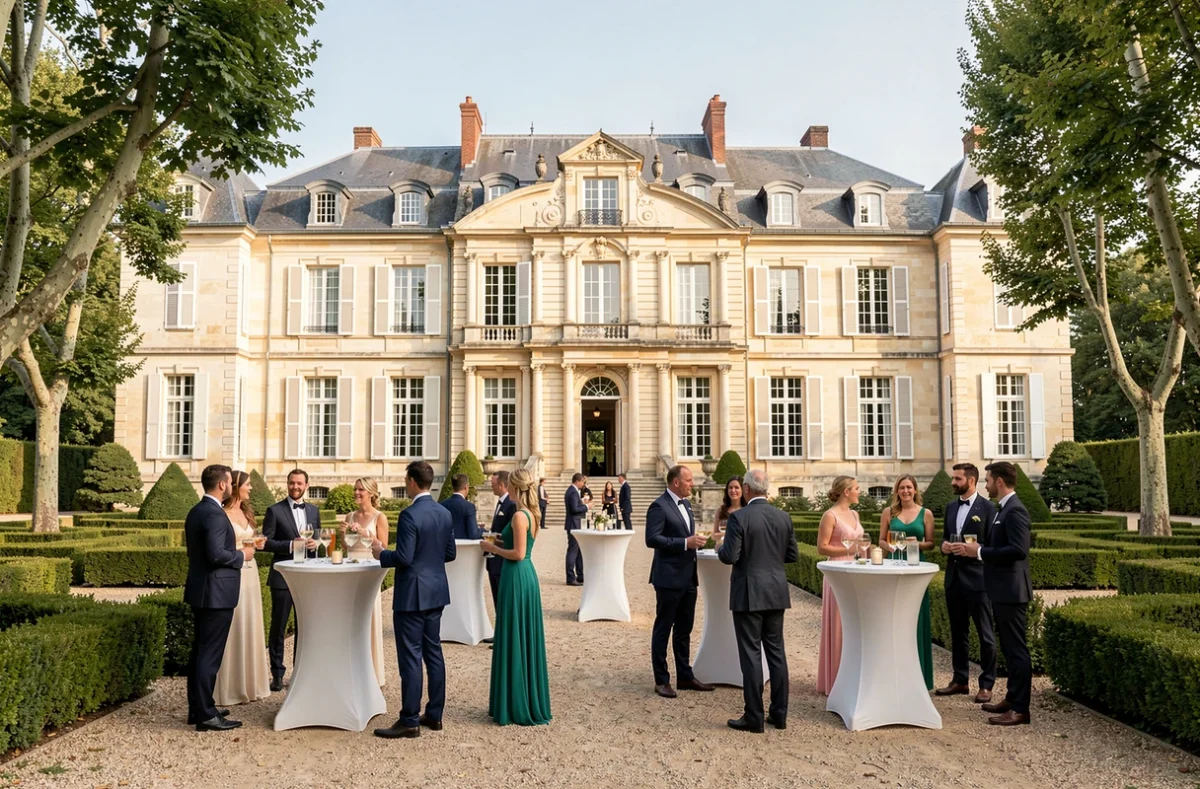 Façade du Château de Janzé dans le Rhône avec cour de réception décorée pour un grand événement