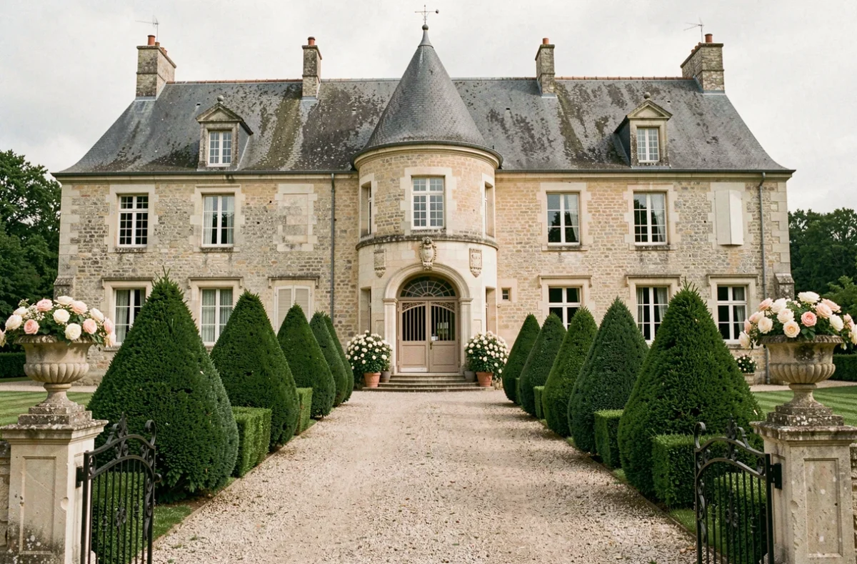 Façade extérieure du Château de la Chapelle avec tourelle médiévale, allée de gravier et décoration florale pour un mariage