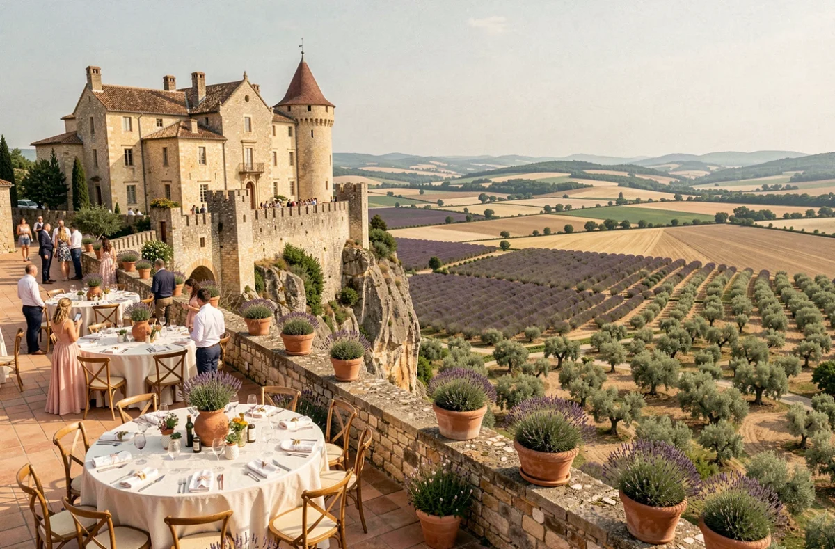 Château de Grignan en Drôme provençale avec terrasse de réception mariage et panorama sur plaine lavande et oliviers