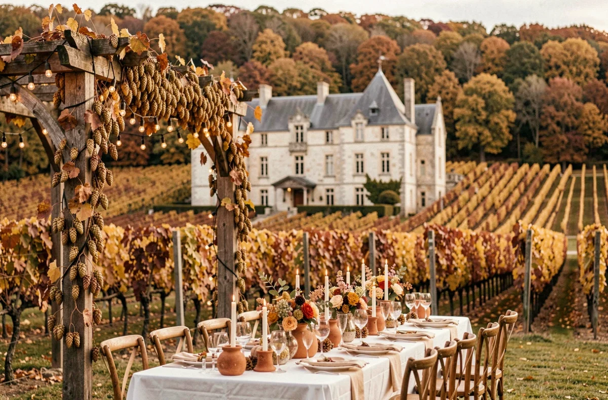 Domaine viticole du Château La Gallée avec table de mariage décorée et vignes dorées en arrière-plan