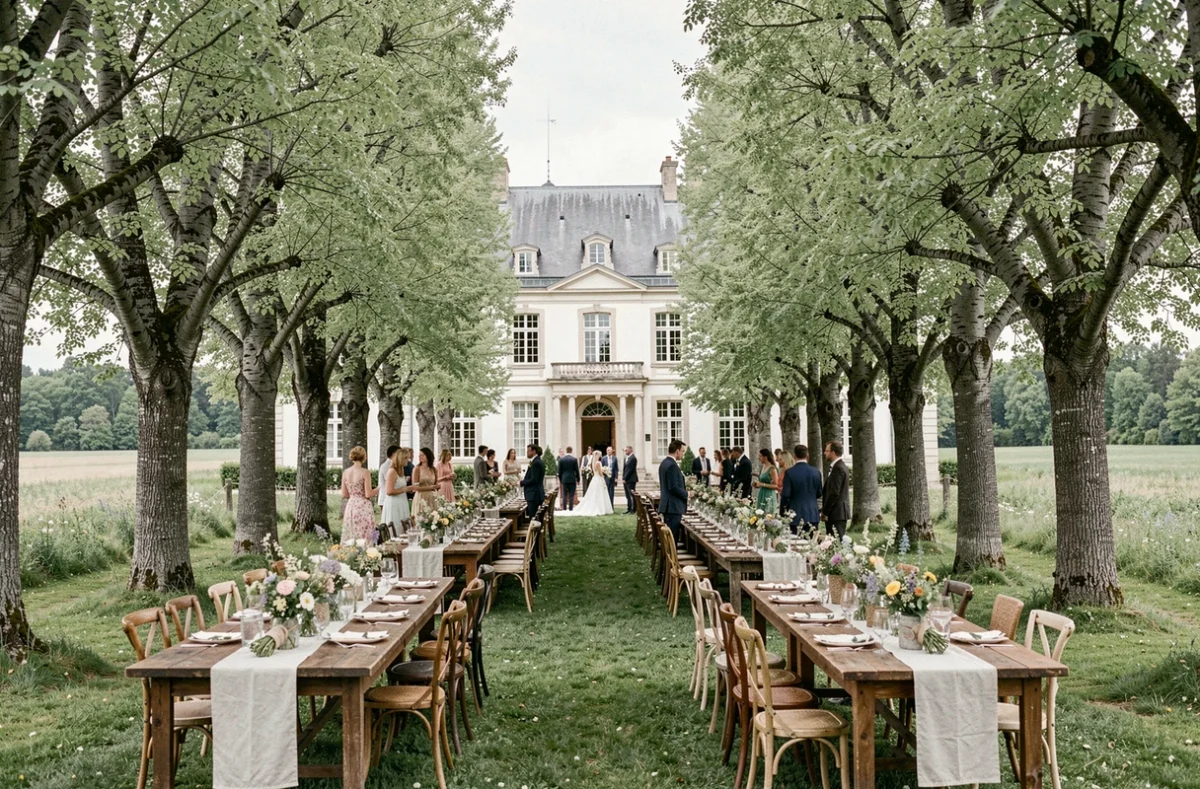 Allée du Château de Longpra en Isère avec réception champêtre en plein air sur pelouse et tables en bois