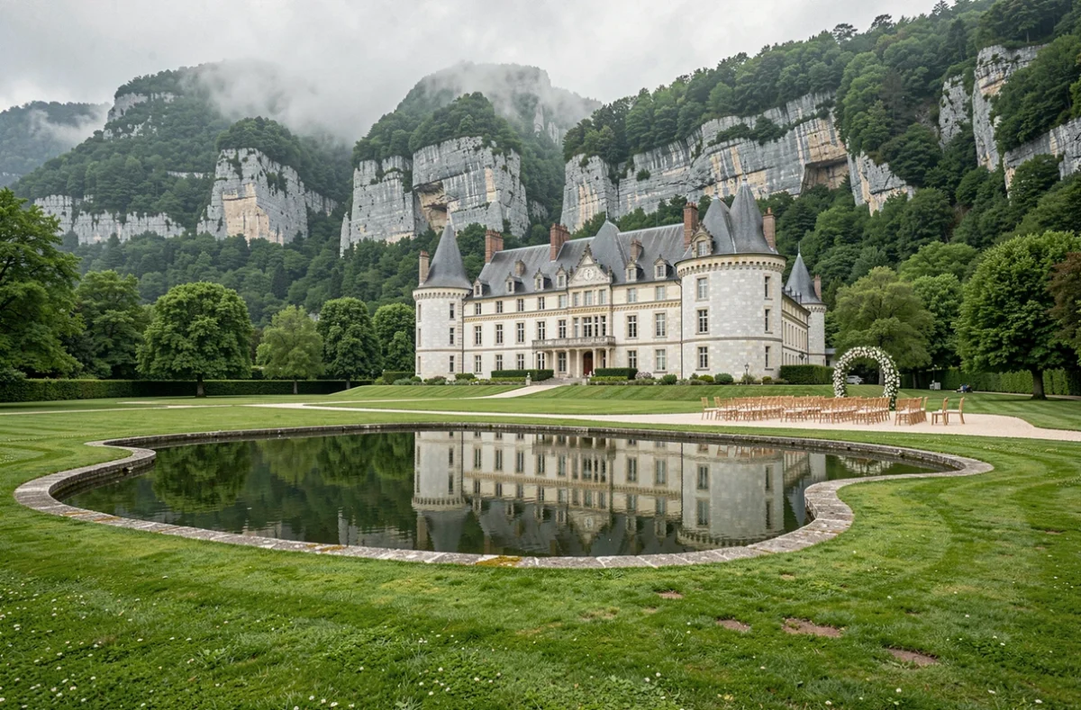 Château de Sassenage avec décor de réception sur le parc et massif du Vercors en arrière-plan