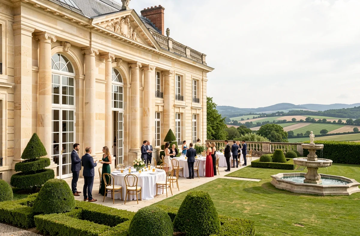 Château de Voltaire dans l'Ain avec cocktail de réception sur terrasse classique et jardins à la française