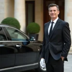 Chauffeur en costume noir devant une limousine noire garée à l'entrée d'un hôtel de luxe