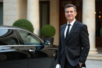 Chauffeur en costume noir devant une limousine noire garée à l'entrée d'un hôtel de luxe
