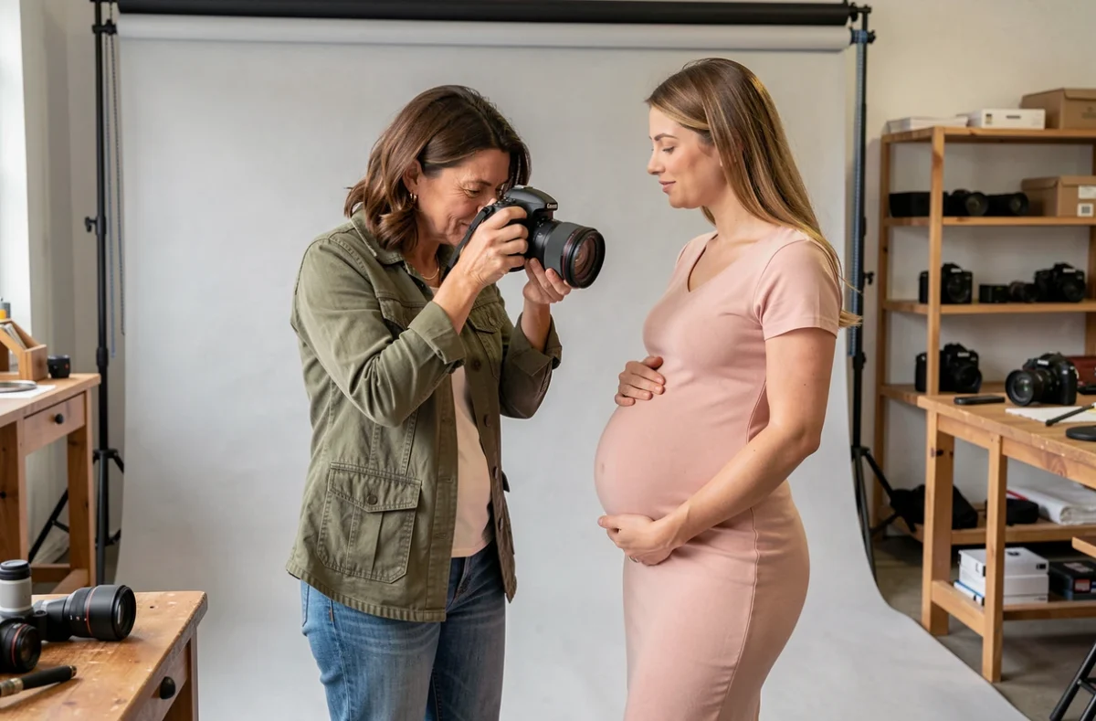 Photographe professionnelle marseillaise en consultation avec une cliente enceinte dans un studio photo à Marseille