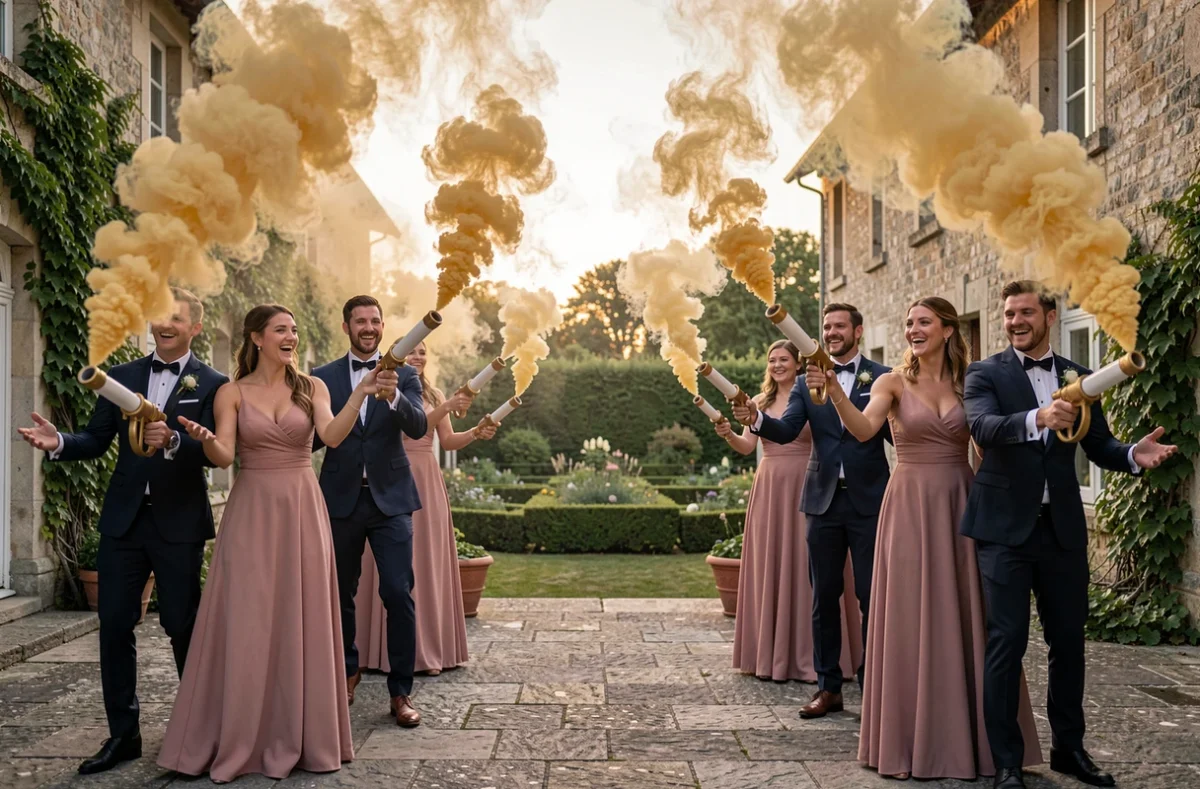 Cortège de mariage en chorégraphie avec fumigènes dorés sur terrasse en pierre lors de l'ouverture de bal