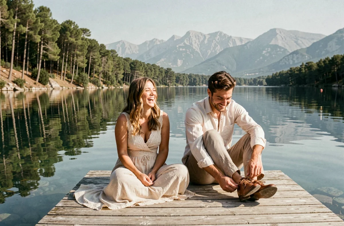Photographie naturelle et lifestyle de mariés décontractés sur un ponton au bord d'un lac de montagne dans les Alpes-Maritimes