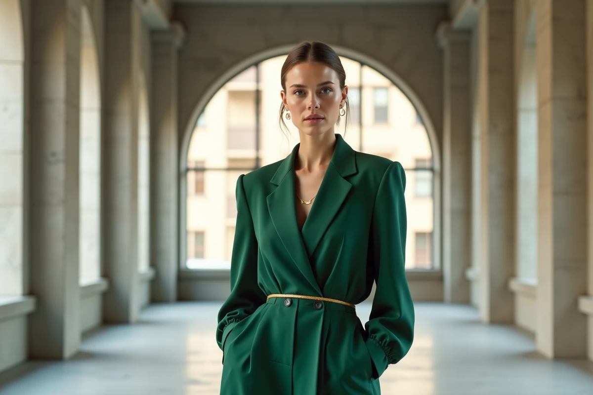 Femme en combinaison verte élégante avec ceinture dorée dans un espace contemporain