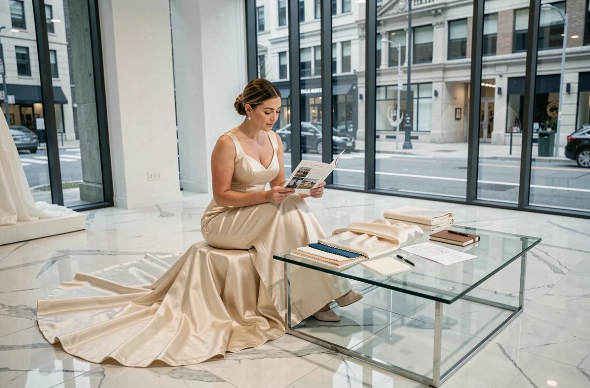 Mariée en robe de satin blanc consultait des fiches de prix et des échantillons de tissus dans un showroom de robes de mariage contemporain