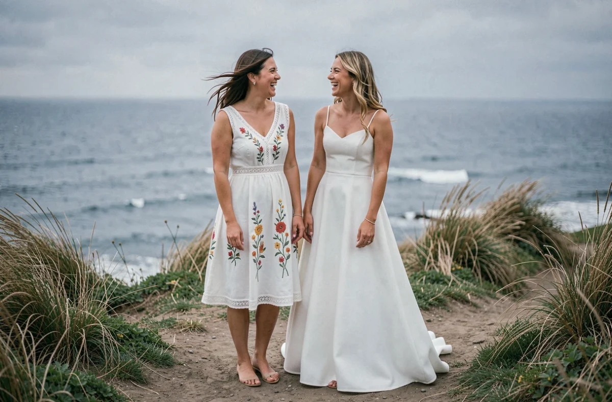 Comparaison robe de mariée courte et longue portées par deux femmes riant ensemble sur un sentier côtier avec vue sur la mer